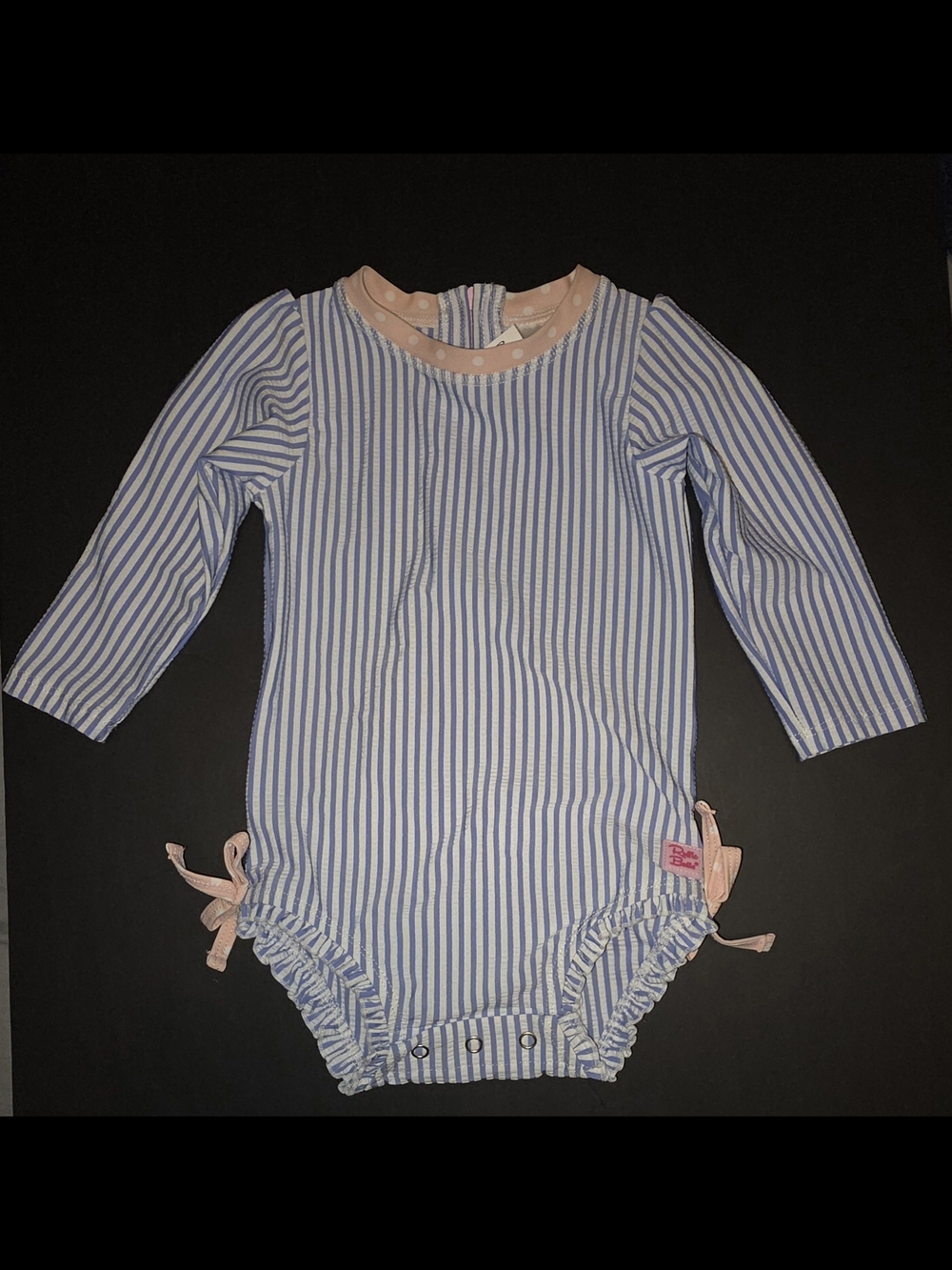 Ruffle Butts Blue and White Striped One-Piece Swimsuit with Pink Trim